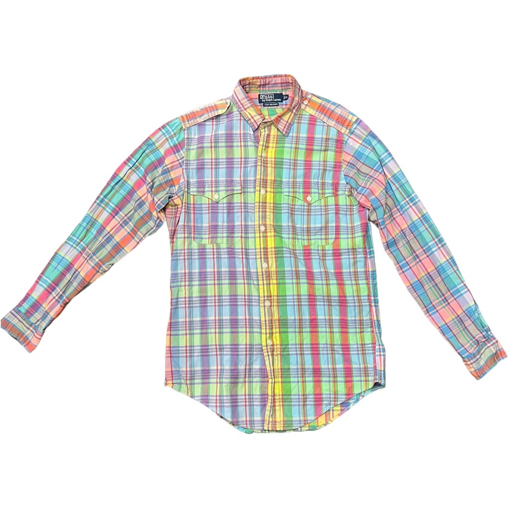 Polo Ralph Lauren Mens M Trim Military Pastel Plaid Button Up Long Sleeve Shirt